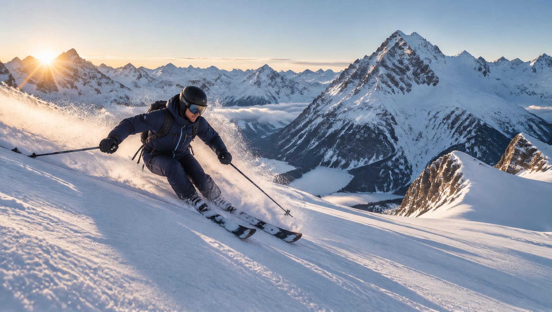 Skiër maakt een bocht op een besneeuwde berghelling